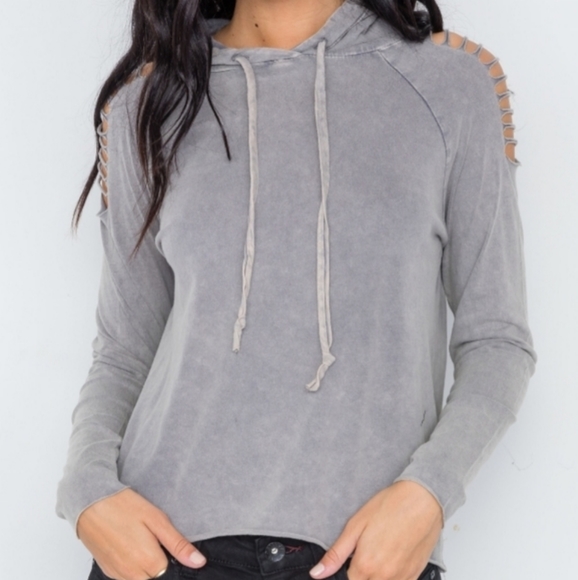 🖤Gray Ladder Slash Cut Sleeve Hoodie Top - Picture 3 of 4